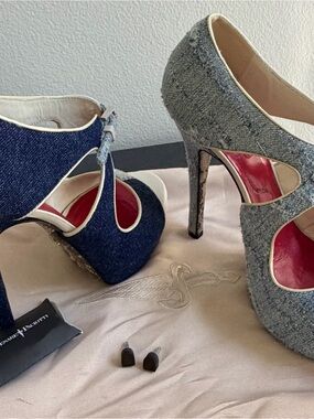 Cesare Paciotti Denim & Lace Platform Heels Size 38